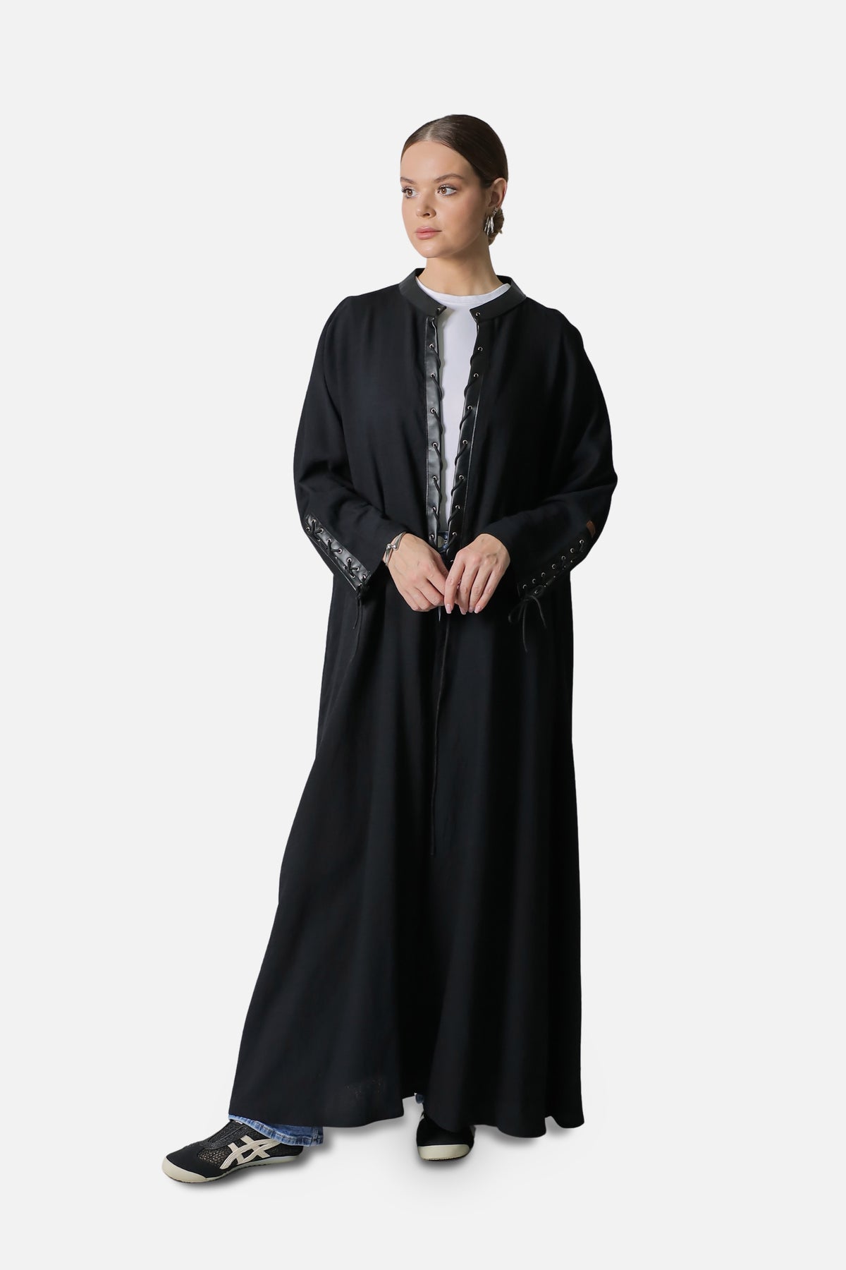 Black linen abaya with leather detailing, full-length front view