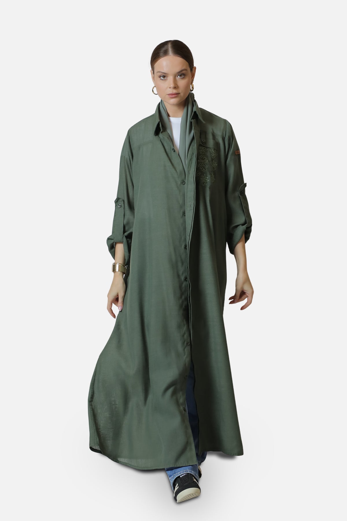 Green linen abaya with tonal embroidery details — full-length front view