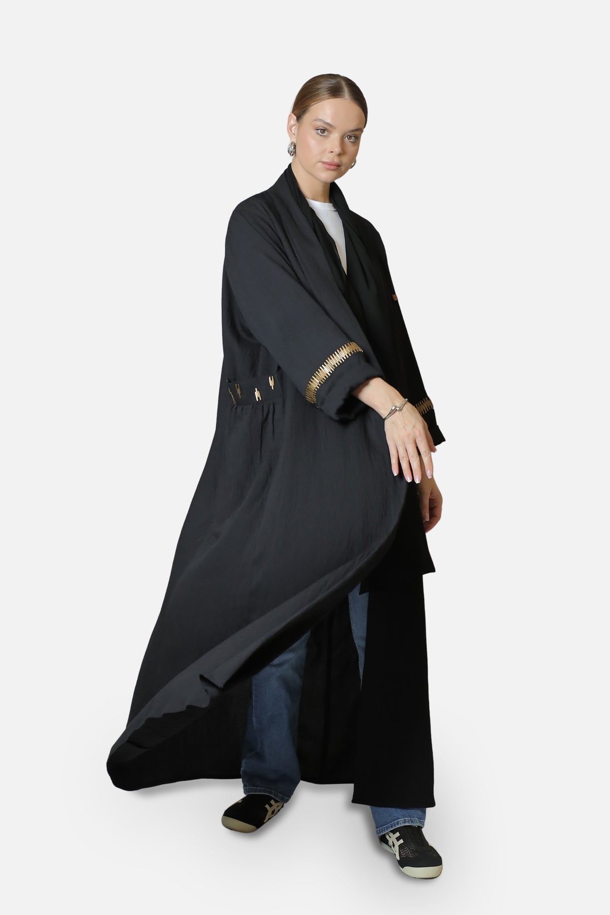 Black linen abaya with gold-tone sleeve details — full-length front view