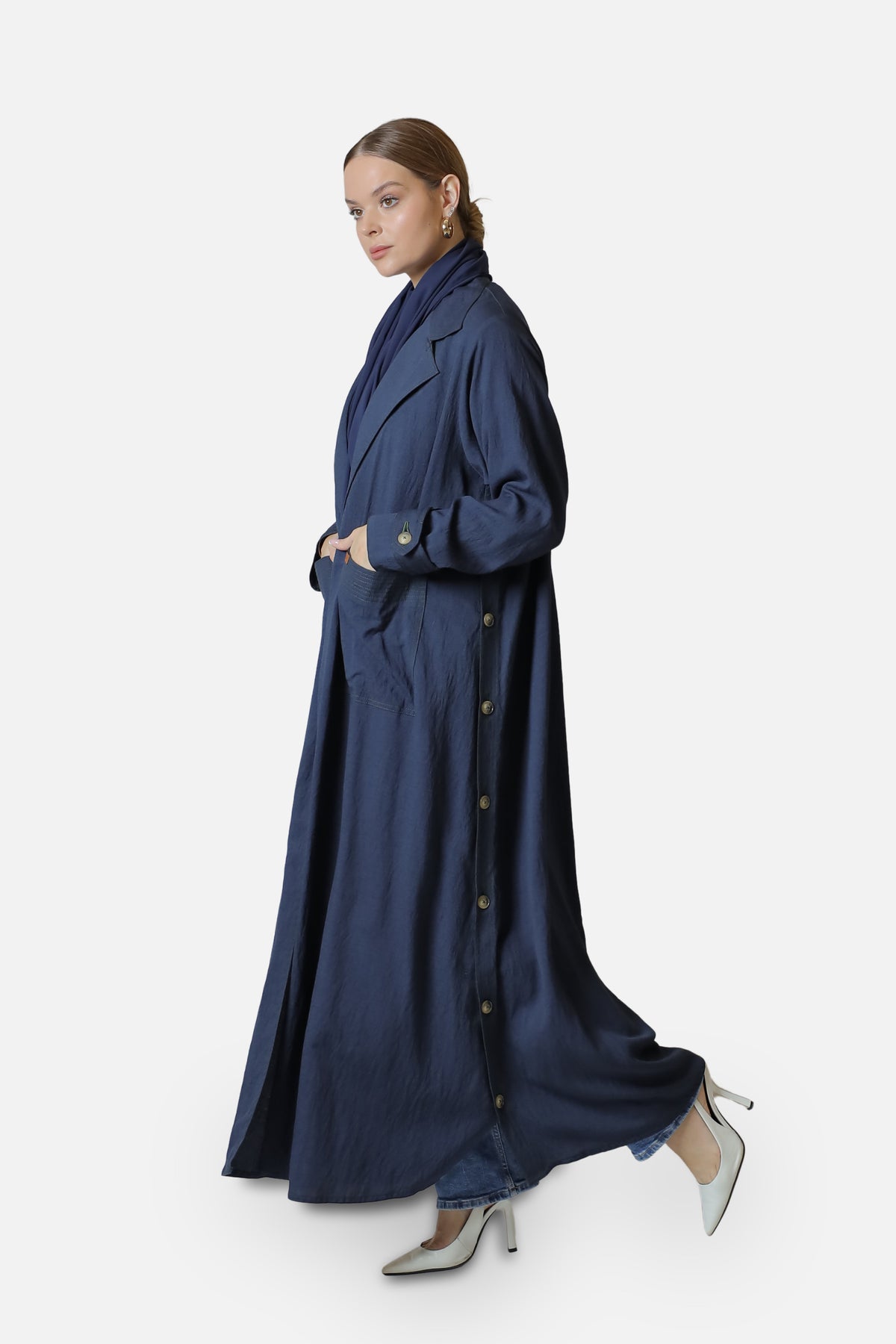 Navy linen abaya with side button details — side view