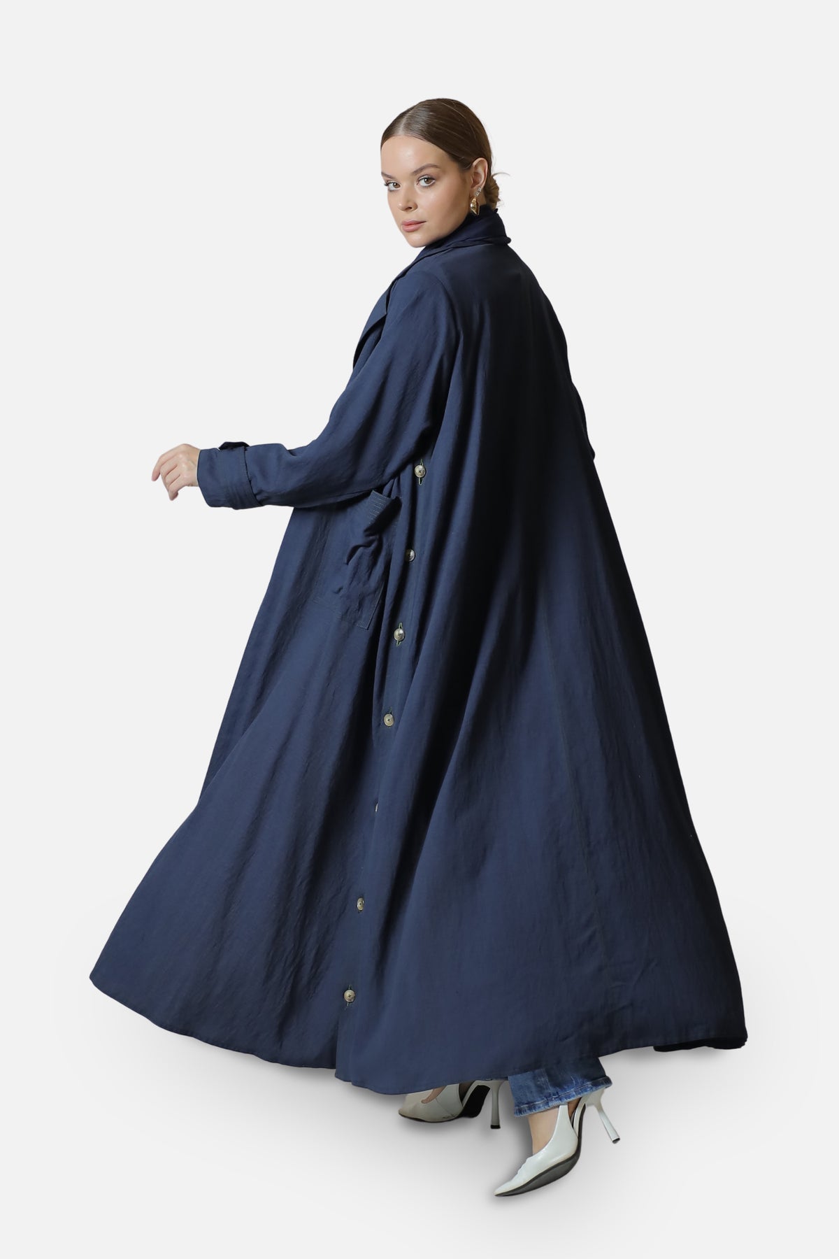 Navy linen abaya with side button details — back view