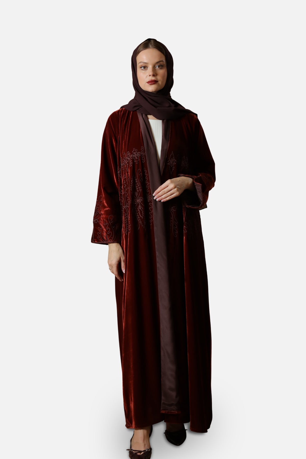 Brick red velvet abaya with Moroccan embroidery — full-length front view
